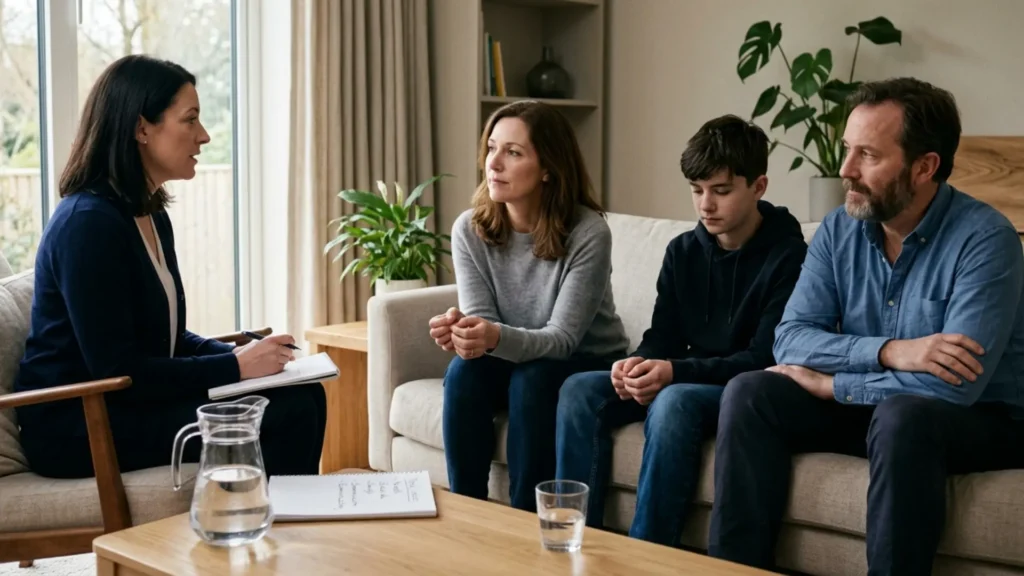 A documentary-style photo of a family mediation session in a bright, modern room. A female mediator sits with a notepad, listening to a mother, teenage son, and father seated on a sofa. The family members show restrained, thoughtful body language in a neutral-toned setting with natural light.